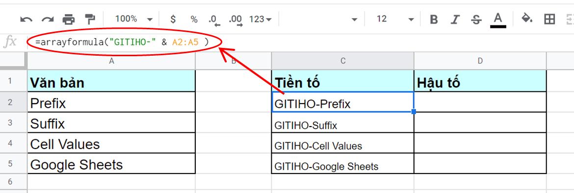 Hướng dẫn thêm tiền tố/hậu tố vào ô trong Google Sheets